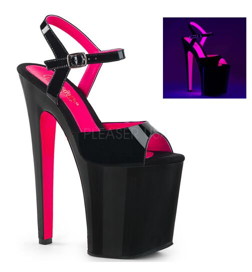 Pleaser Xtreme-809TT - High Heel Sandalette, 20cm, schwarz/pink, Gr.: 38,5 (US 8)