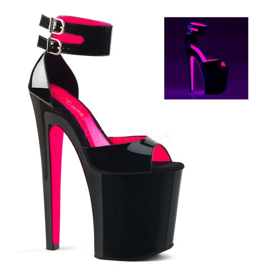 Pleaser Xtreme-875TT - High Heel Sandalette, 20cm, schwarz/pink, Gr.: 37,5 (US 7)