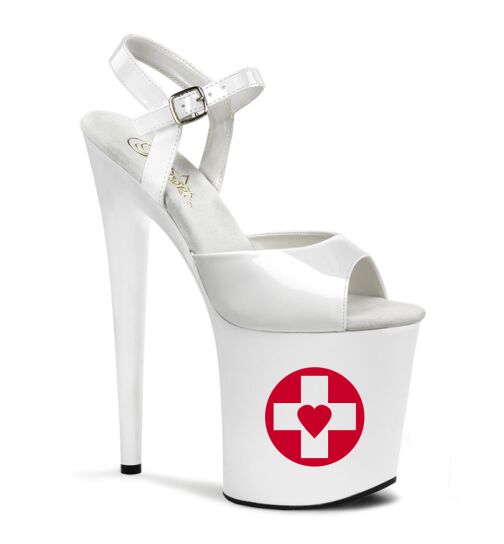 Pleaser High Heel Sandalette, 20cm, weiß/rot, Motiv Nurse, Gr.: 37,5 (US 7)